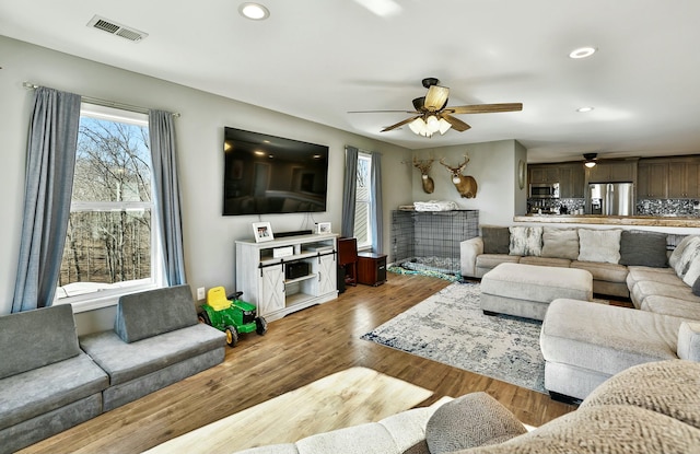 living room with ceiling fan and hardwood / wood-style floors