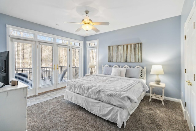 bedroom with ceiling fan, carpet floors, and access to outside