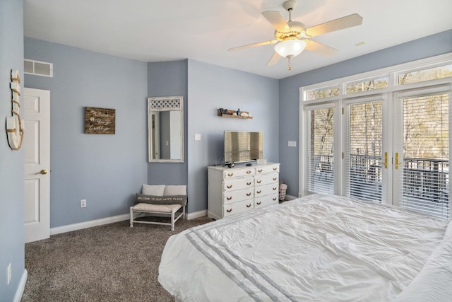 bedroom featuring ceiling fan, access to exterior, and dark colored carpet