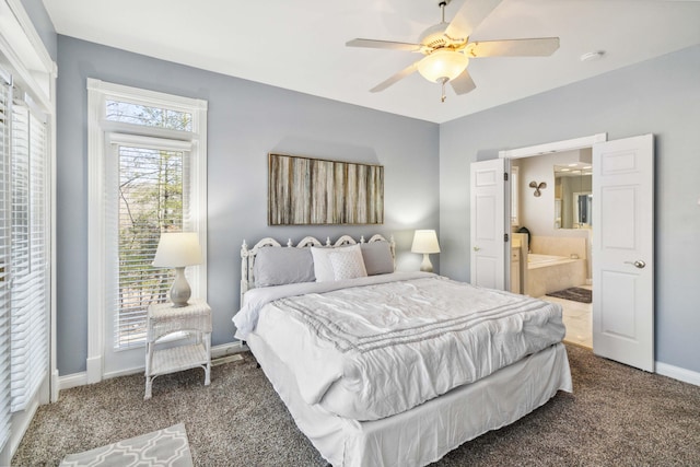 carpeted bedroom featuring ceiling fan and connected bathroom