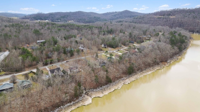 drone / aerial view with a water and mountain view