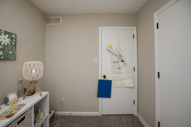 interior space with carpet flooring and a textured ceiling