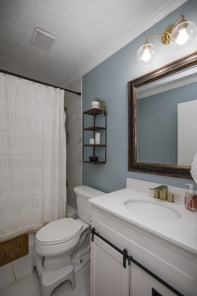 full bathroom with shower / bath combo, vanity, ornamental molding, a textured ceiling, and toilet