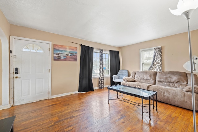 living room featuring a wealth of natural light, hardwood / wood-style floors, and a textured ceiling