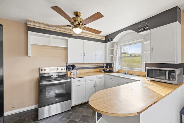 kitchen featuring appliances with stainless steel finishes, sink, white cabinets, dark tile patterned floors, and kitchen peninsula