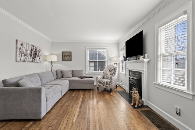 living area featuring visible vents, ornamental molding, baseboards, and wood finished floors