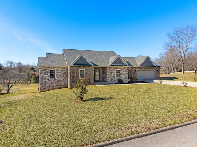 single story home with a garage and a front lawn