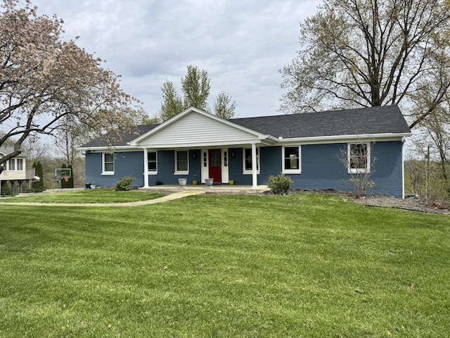 ranch-style house with brick siding, a porch, and a front lawn