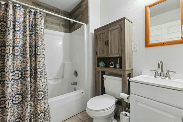 full bathroom with vanity, tile patterned floors, toilet, and shower / bathtub combination with curtain