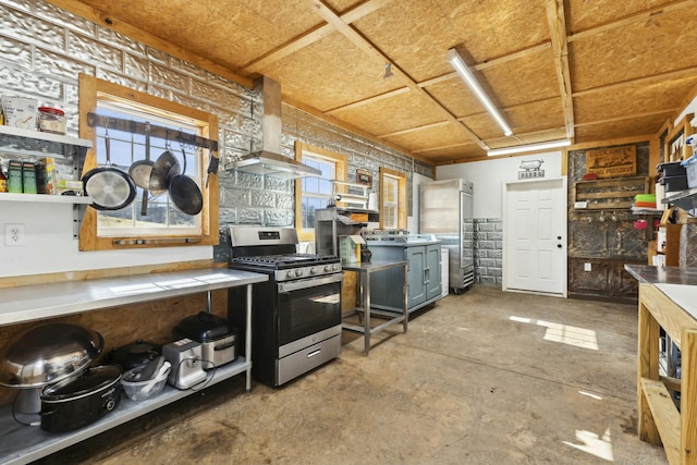 kitchen with stainless steel appliances and wall chimney range hood