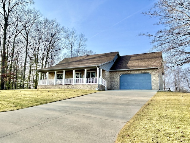 single story home with a garage, a front lawn, and a porch