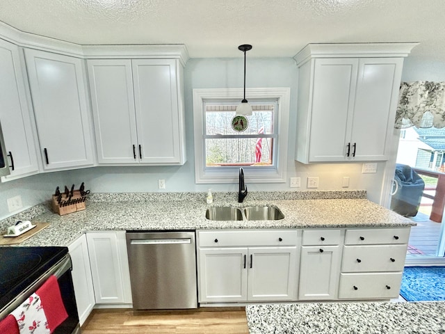 kitchen featuring stainless steel dishwasher, sink, and white cabinets