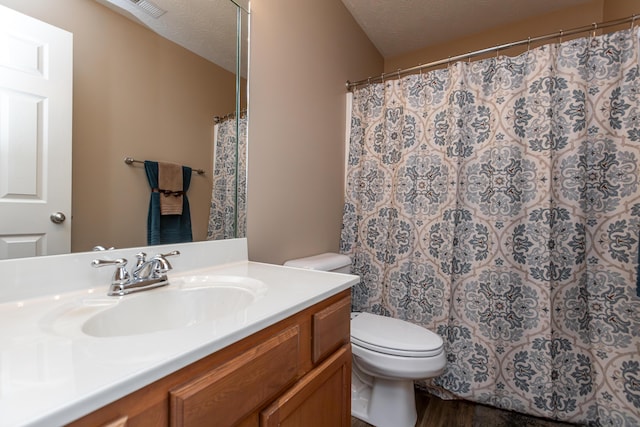 bathroom featuring vanity, a textured ceiling, and toilet