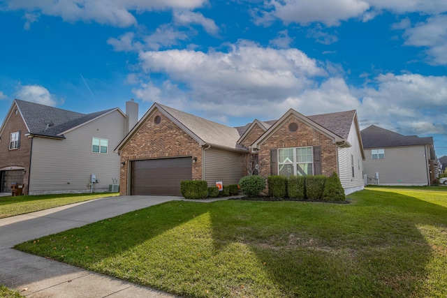 ranch-style house with a garage and a front yard