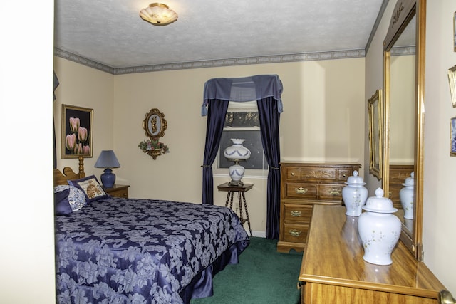 bedroom with ornamental molding, carpet flooring, and a textured ceiling