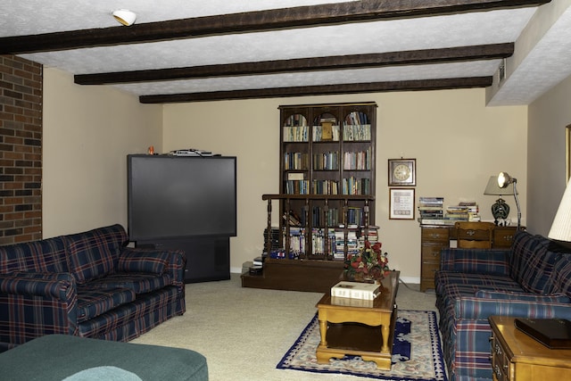 carpeted living room featuring a textured ceiling and beamed ceiling