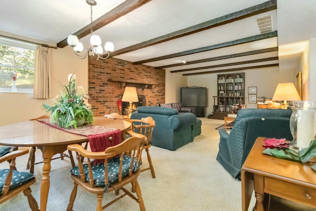 125 Thomas St, Somerset, KY 42503 - dining area featuring a chandelier, visible vents, light colored carpet, and beamed ceiling