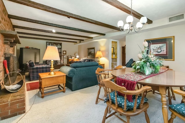 125 Thomas St, Somerset, KY 42503 - carpeted dining room with beam ceiling, visible vents, an inviting chandelier, and a fireplace