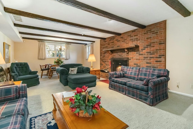 125 Thomas St, Somerset, KY 42503 - carpeted living area with baseboards, a brick fireplace, visible vents, and beam ceiling