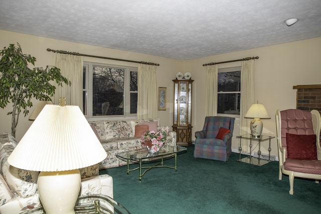 living room with a textured ceiling and carpet flooring