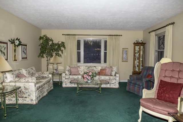 living room featuring carpet floors and a textured ceiling