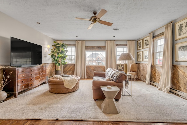 carpeted living area with a textured ceiling, wood walls, wainscoting, and a wealth of natural light