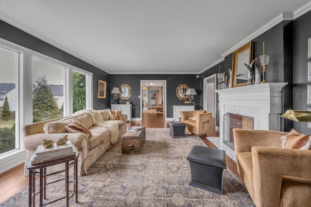 living area featuring a premium fireplace, wood finished floors, and crown molding