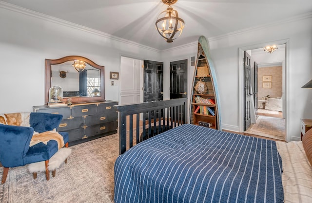 bedroom featuring an inviting chandelier and crown molding