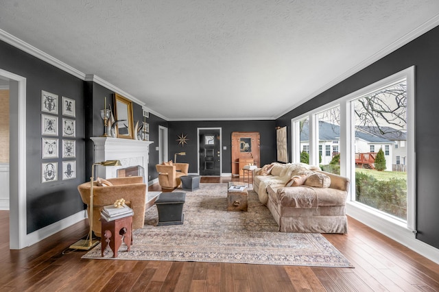 living area featuring a textured ceiling, wood-type flooring, a fireplace, and a healthy amount of sunlight