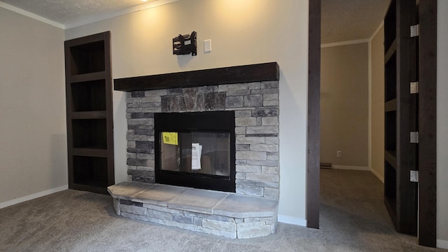 details featuring crown molding, built in features, carpet flooring, a textured ceiling, and a stone fireplace