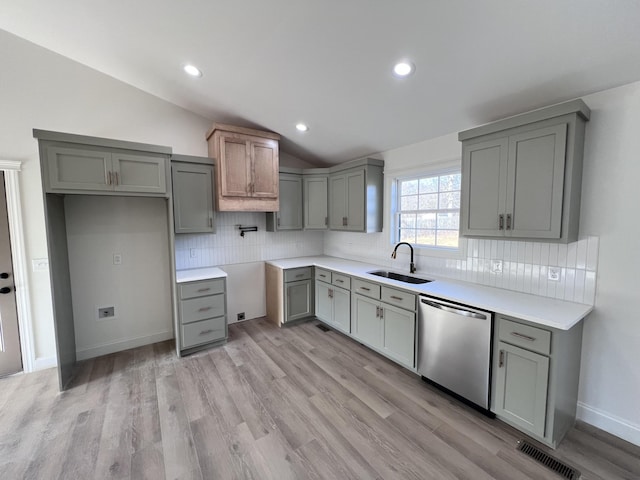 kitchen featuring vaulted ceiling, sink, stainless steel dishwasher, and gray cabinetry