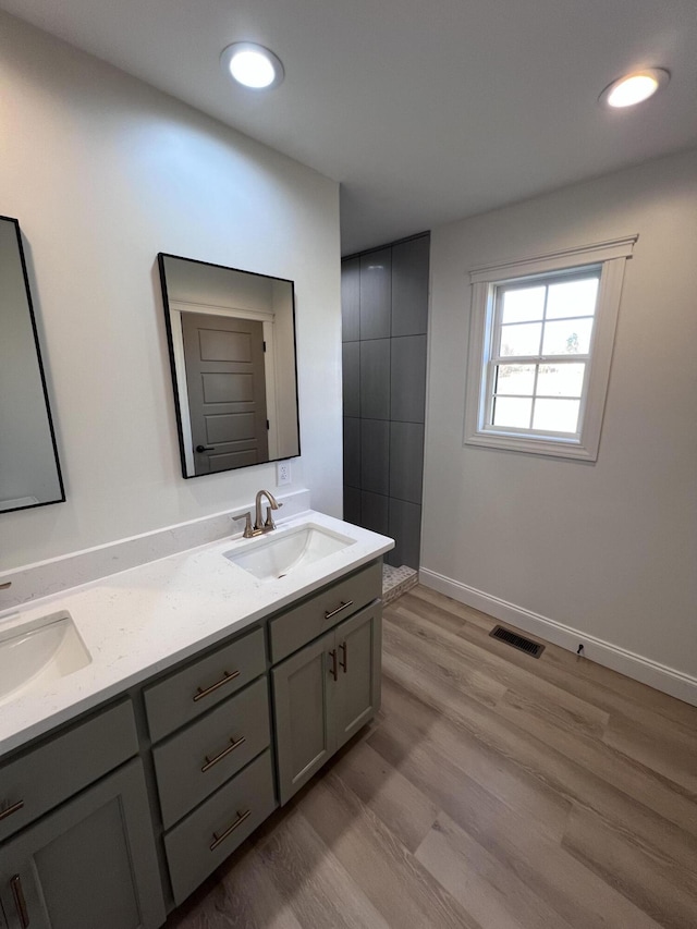 bathroom with vanity and hardwood / wood-style flooring