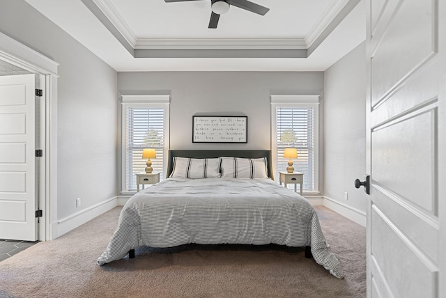 carpeted bedroom featuring multiple windows, crown molding, and a raised ceiling