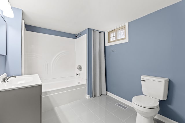 full bathroom featuring vanity, tub / shower combination, tile patterned floors, and toilet