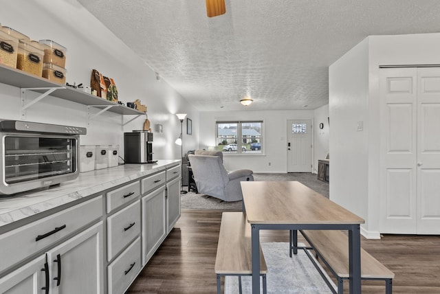 kitchen with ceiling fan, dark hardwood / wood-style flooring, gray cabinets, and a textured ceiling