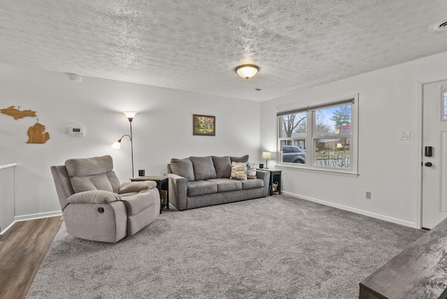 carpeted living room with a textured ceiling