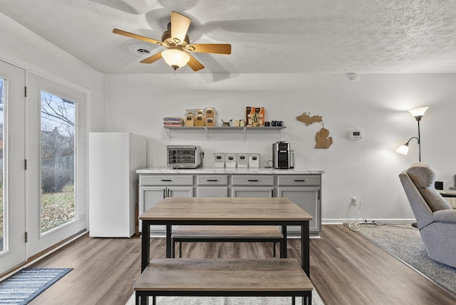 dining area with ceiling fan, plenty of natural light, a textured ceiling, and light wood-type flooring