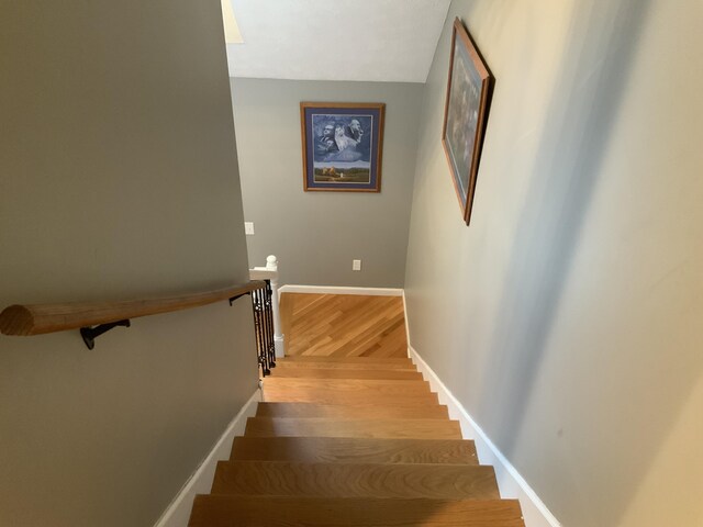 hall with lofted ceiling and light hardwood / wood-style floors