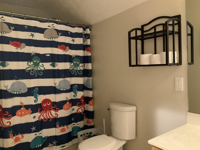 bathroom featuring vanity, toilet, and a shower with shower curtain