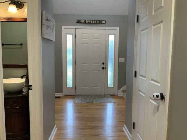 entryway featuring sink and light hardwood / wood-style flooring