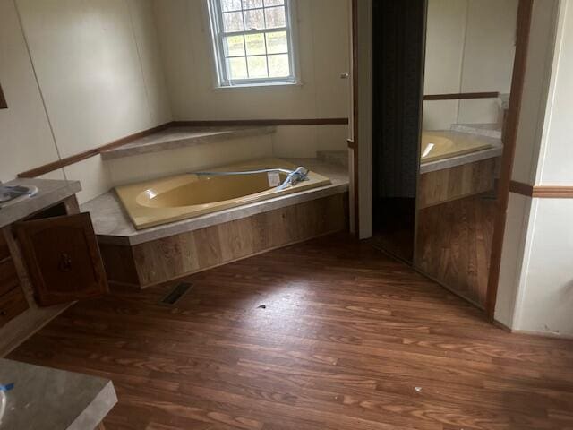 bathroom featuring wood-type flooring, a bath, and vanity