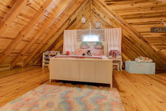 bedroom featuring vaulted ceiling with beams, wood ceiling, light hardwood / wood-style flooring, and wood walls