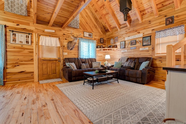 living room featuring beam ceiling, light wood-type flooring, wood ceiling, and wooden walls