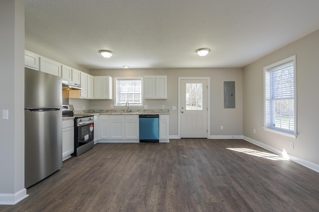 kitchen featuring dark hardwood / wood-style floors, white cabinetry, electric panel, stainless steel appliances, and a textured ceiling