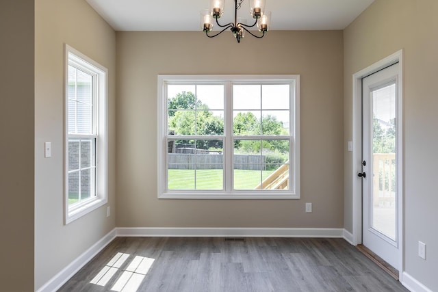 interior space featuring wood-type flooring, a wealth of natural light, and a chandelier