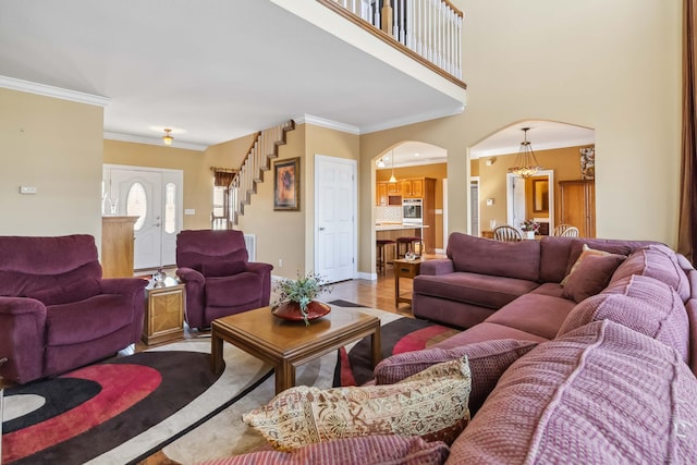 living room with crown molding