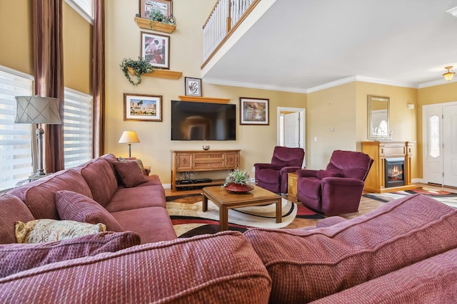 living room with crown molding and light hardwood / wood-style flooring