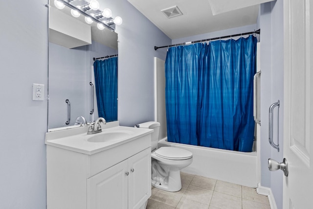 full bathroom featuring tile patterned flooring, toilet, vanity, visible vents, and shower / bath combination with curtain