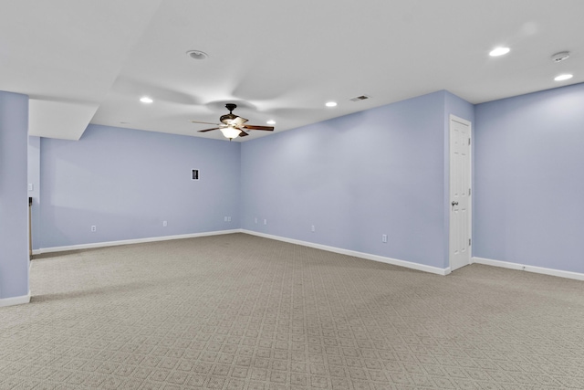 unfurnished room with light carpet, baseboards, visible vents, a ceiling fan, and recessed lighting