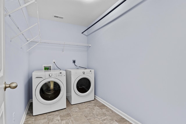 laundry room with laundry area, visible vents, baseboards, and separate washer and dryer